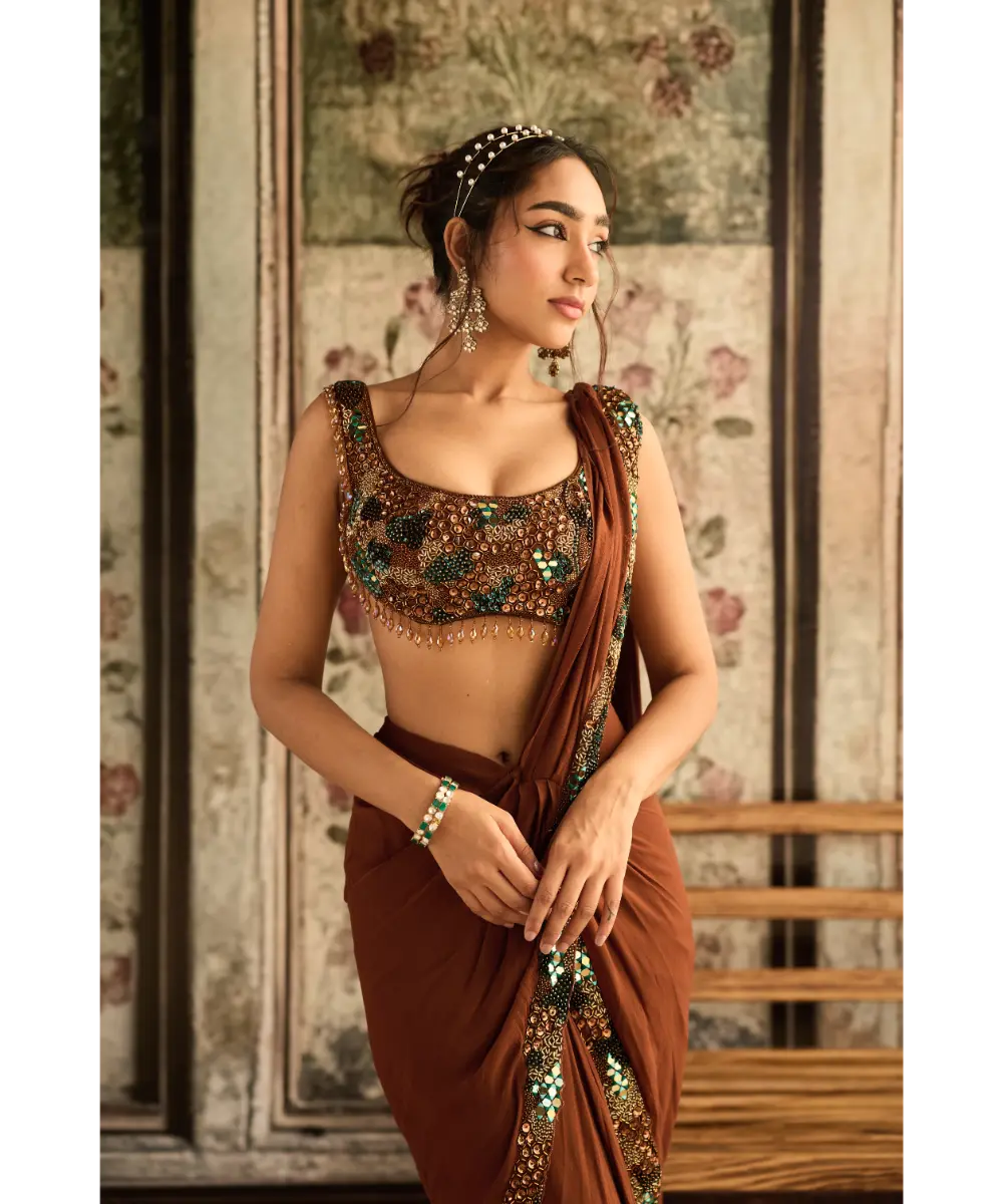 DIYARAJVVIR - Caramel Embroidered Pre-Draped Saree Set